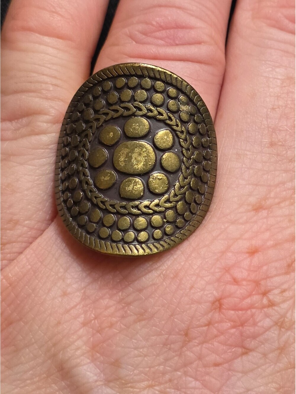 Vintage 1980's Brass Tone Textured Oval Shield Ring Adjustable